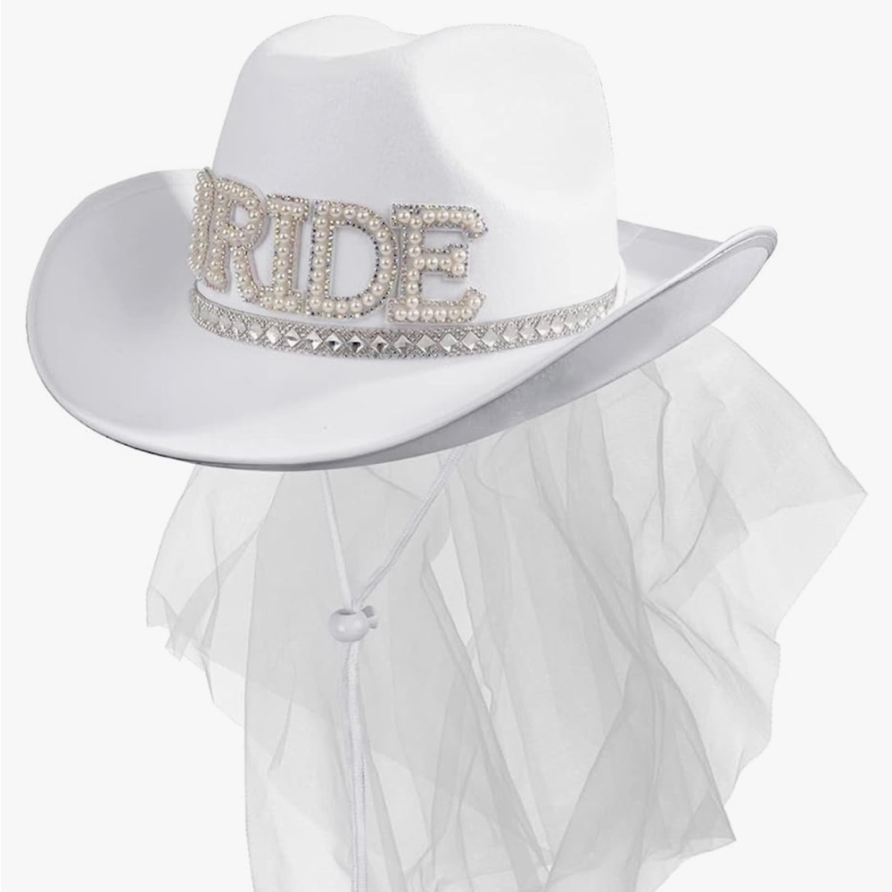 BRIDE white cowboy hats with veil bedazzled pearl